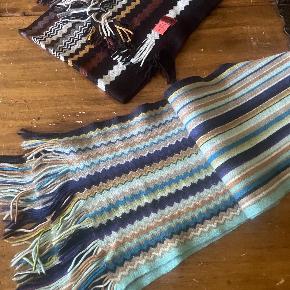 Lot Of 2 Missoni For Target Scarves Zig Zag Fringe Stripe Knit Wool Blend - Picture 5 of 8